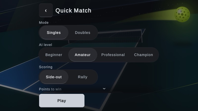The Quick Match screen: singles or doubles, four AI levels, side-out or rally scoring, and a Play button.