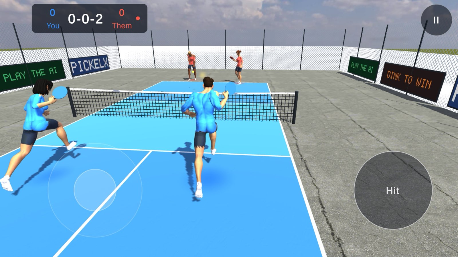 A doubles rally in Pickelx: you and your AI partner in blue at the kitchen line, the two AI players in red across the net, and the score called 0-0-2.