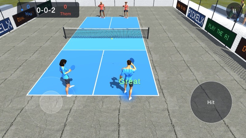 Doubles from above: your side in blue, the AI in red, and a Great called for a well-timed shot.