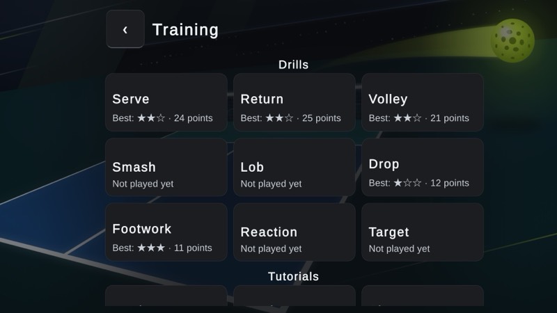 The Training screen: nine drills, each showing its best score in stars and points.